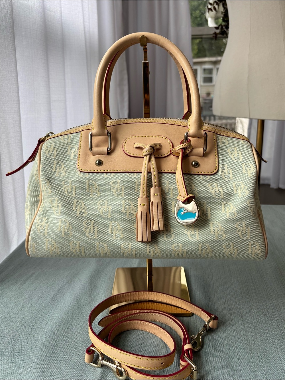 Vintage Dooney Bourke Light Blue Logo Satchel with Vacchetta Leather Trim Tassel